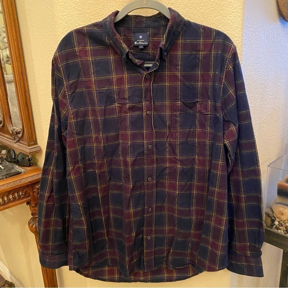 BEN SHERMAN Men Thin Corduroy Plaid Button Long Sleeve Top Size Large